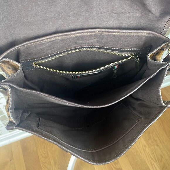 Italian Leather Hair On Hide Cow Print Satchel Chocolate Brown - Picture 9 of 13